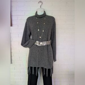 50% OFF! Neiman Marcus Cashmere  Charcoal Turtleneck Sweater with Fringe